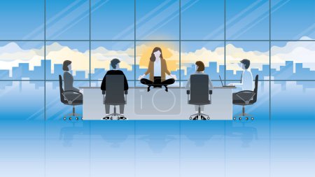 Illustration for A calm businesswoman sits and meditates on an office conference room table. Think of a business idea solution to solve a problem, economic, finance, and recession. Attention from work colleagues. - Royalty Free Image