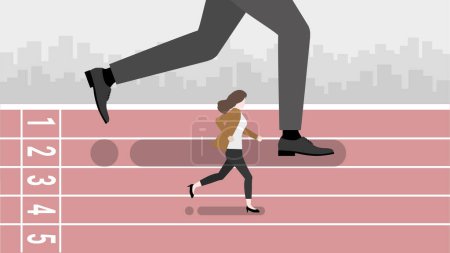 Illustration for Businesswoman running on a race track with a big businessman. Concept of a small company fight with a large company, economic competition, competitors, career opportunities, and business competition. - Royalty Free Image
