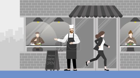 Illustration for Hurry businesswoman runs a race against time, past the bistro restaurant. Rush hour, Urgent, Busy, Hectic, Daily haste, the fast pace of life, the hustle and bustle of an urban lifestyle concept. - Royalty Free Image