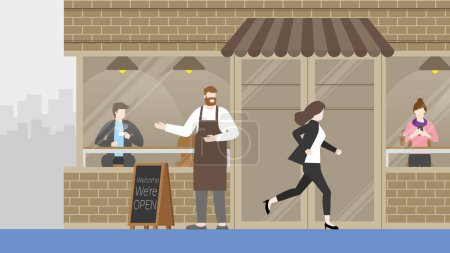 Illustration for Hurry businesswoman runs a race against time, past the coffee shop cafe. Rush hour, Urgent, Busy, Hectic, Daily haste, the fast pace of life, the hustle and bustle of an urban lifestyle concept. - Royalty Free Image