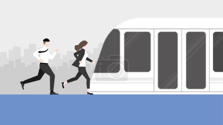 Illustration for Hurry office people run against time to waiting train transportation. Rush hour, Urgent, Busy, Hectic, Daily haste, the fast pace of life, the hustle and bustle of an urban lifestyle concept. - Royalty Free Image