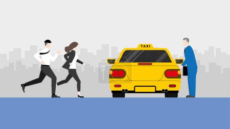 Illustration for Hurry office people run to grab taxi and miss catching up with a businessman. Rush hour, Urgent, Busy, Hectic, Daily haste, the fast pace of life, the hustle and bustle of an urban lifestyle concept. - Royalty Free Image