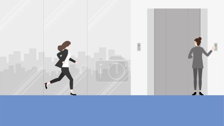 Illustration for Hurry businesswoman runs a race against time to a waiting office elevator. Rush hour, Urgent, Busy, Hectic, Daily haste, the fast pace of life, the hustle and bustle of an urban lifestyle concept. - Royalty Free Image