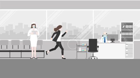 Ilustración de Hurry office people, a businesswoman runs to the doctor's appointment at the hospital. Rush hour, Urgent, Appointed time, Hectic life, Arriving late for medical treatment, Hectic, Daily haste Concept. - Imagen libre de derechos