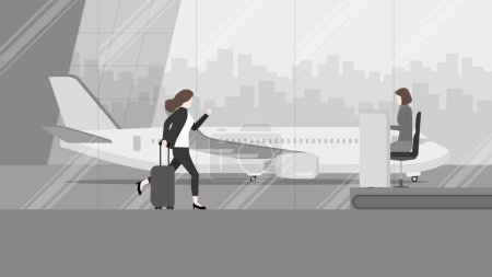 Illustration for Business trip, a businesswoman runs to ground service officer counter check-in at an international airport terminal. Rush hour, Urgent time, Busy work, Lately arrive passenger, City lifestyle concept. - Royalty Free Image