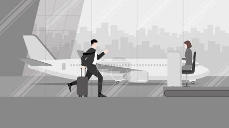 Illustration for Business trip, a businessman runs to ground service officer counter check-in at an international airport terminal. Rush hour, Urgent time, Busy worker, Lately arrive passenger, City lifestyle concept. - Royalty Free Image