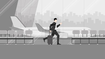 Illustration for Business trip, a businessman runs to a flight at an international airport terminal. Rush hour, Urgent time, Busy worker, Hectic life, Lately arrive passenger, Daily haste, City lifestyle concept. - Royalty Free Image