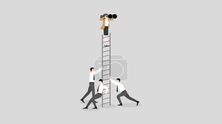 Illustration for Global recession concept. A vision businessman uses binoculars, look for opportunities. The team supports a ladder. The financial crisis, economic downturn, inflation, recession, failure, and crisis. - Royalty Free Image