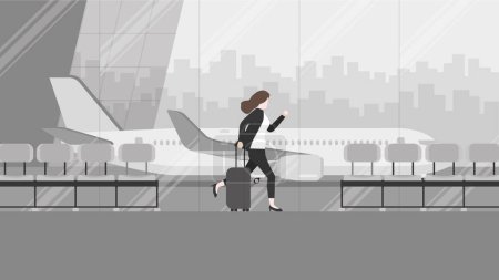 Illustration for Business trip, a businesswoman runs to a flight at an international airport terminal. Rush hour, Urgent time, Busy worker, Hectic life, Lately arrive passenger, Daily haste, City lifestyle concept. - Royalty Free Image