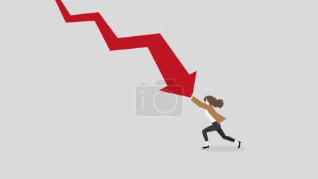 Illustration for A businesswoman pushes decrease business chart diagram. A minimal style of a red down graph of the financial crisis, economic downturn, inflation, recession, failure, bankruptcy, and crisis concept. - Royalty Free Image