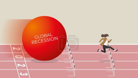 Global recession concept in the year 2023. A businesswoman runs away and jumps from the big red ball of the financial crisis, economic downturn, inflation, recession, failure, bankruptcy, and crisis.