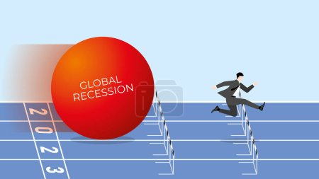 Global recession concept in the year 2023. A businessman runs away and jumps from the big red ball of the financial crisis, economic downturn, inflation, recession, failure, bankruptcy, and crisis.