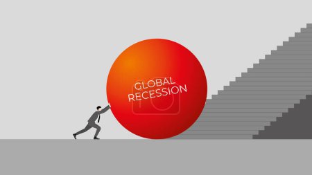Illustration for A businessman pushes the big red ball. Step up a stair. Business recession concept. the financial crisis, economic downturn, inflation, recession, failure, bankruptcy, and crisis. Vector illustration. - Royalty Free Image