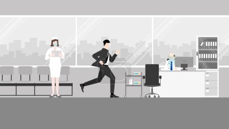 Illustration for Hurry office people, a businessman runs to the doctor's appointment at the hospital. Rush hour, Urgent, Appointed time, Hectic life, Arriving late for medical treatment, Hectic, Daily haste. Concept. - Royalty Free Image