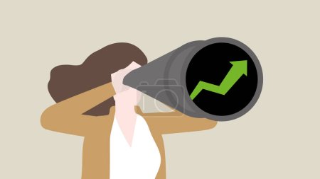 Téléchargez les illustrations : A businesswoman uses a telescope to look for a green graph, business solution, problem-solving from  financial crisis, economic downturn, Global recession, inflation, bankruptcy, and failure concept. - en licence libre de droit