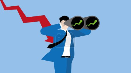 Ilustración de A businessman uses binoculars to look for a green up graph, business solution, problem-solving from a red down arrow, financial crisis, economic downturn, Global recession, and inflation concept. - Imagen libre de derechos