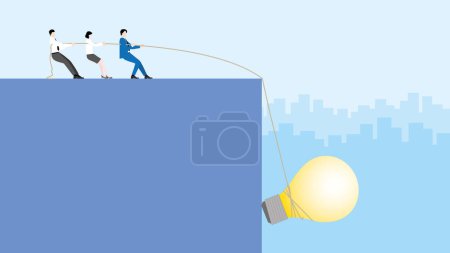 Leader businessman and teamwork pull a rope big light bulb from falling down. Office people work on a new project. Business idea, innovation, creation, inspiration, work hard, start-up and creativity.