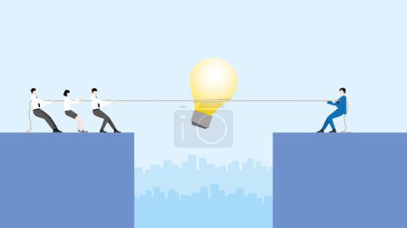 Business idea competition concept. Boss vs employee. Businessmen pull a rope for a big light bulb in a meeting. Conflict, brainstorm, work hard, competing, contest and fight over in office workplace.