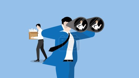 Illustration for HR businessman uses binoculars to find a candidate for a resigned or fired company employee. Headhunting, Human Resource, job vacancy, Recruitment, hiring, employment, and career opportunity concept. - Royalty Free Image