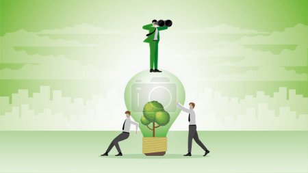 Illustration for A visionary businessman uses binoculars on a tree lightbulb with team support. Look for ESG business idea, Environmental policy, Green energy, Eco-friendly, Sustainable and Nature concern concept. - Royalty Free Image