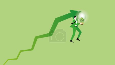 Illustration for A businessman hangs a rising arrow with a tree lightbulb. ESG idea, Renewable, Alternative energy, Environmental policy, Net zero emission, Carbon footprint reduction, Sustainable, and Green concept. - Royalty Free Image