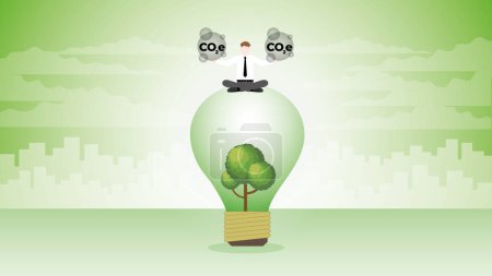 Illustration for A businessman sits and holds CO2e gas on a tree lightbulb. Think of carbon emission, ESG idea, Environmental policy, Green business, Eco-friendly, Sustainability and Global nature concern concept. - Royalty Free Image