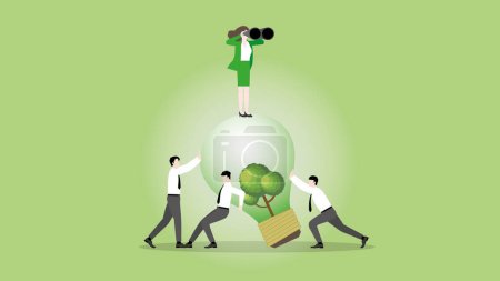 Illustration for Visionary businesswoman uses binoculars on a tree lightbulb with team support. Look for ESG business idea, Environmental policy, Green energy, Eco-friendly, Sustainable and Nature concern concept. - Royalty Free Image
