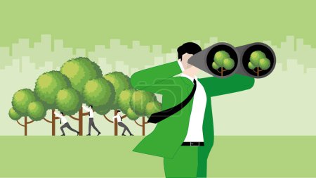 Illustration for A businessman uses binoculars to find a tree with teamwork support. ESG policy, Sustainability, Sustainable Development, Net zero carbon, Plant a tree, Environmental concern, Green business concept. - Royalty Free Image