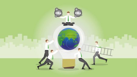 Illustration for A businessman holds CO2e gas on a world light bulb and trees with team. ESG policy, plant a tree, Net zero carbon footprint emission, Sustainability and idea of Environmental Sustainable Development. - Royalty Free Image
