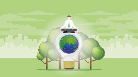 Illustration for A calm businessman sits on the world light bulb and trees. ESG policy, plant a tree, Net zero carbon footprint emission, Sustainability and an idea of Environmental Sustainable Development concept. - Royalty Free Image