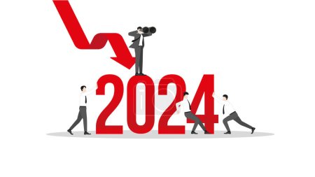 Téléchargez les illustrations : Concept de récession mondiale en 2024. Un homme d'affaires visionnaire et un travail d'équipe - en licence libre de droit