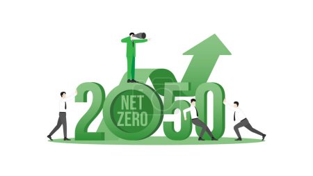 Ilustración de Gráfico y equipo de negocios en el año 2050. Una contribución determinada a nivel nacional, las emisiones Netas Cero - Imagen libre de derechos