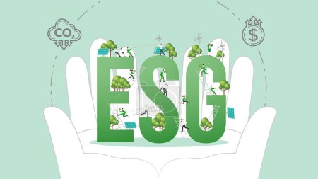 Illustration for ESG sustainability policy in hand. Carbon credit calculate from reduce carbon footprint and carbon dioxide to carbon offset. ESG in Hand. - Royalty Free Image