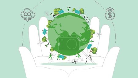 Illustration for ESG sustainability policy in hand. Carbon credit calculate from reduce carbon footprint and carbon dioxide to carbon offset. Earth in Hand. - Royalty Free Image