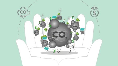 Illustration for ESG sustainability policy in hand. Carbon credit calculate from reduce carbon footprint and carbon dioxide to carbon offset. CO2 in Hand. - Royalty Free Image