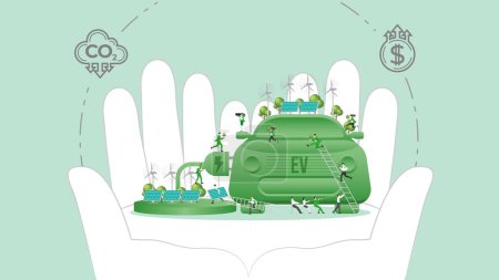 Illustration for ESG policy Electric Vehicle in hands. Carbon credit calculate from reduce carbon footprint and carbon dioxide to Net Zero Goal in 2050. - Royalty Free Image