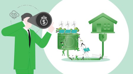 Illustration for ESG sustainability business visionary to green electric power in house. Carbon credit vision from reduce carbon footprint and carbon dioxide to Net Zero in year 2050 - Royalty Free Image