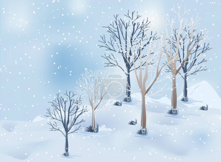 Winter mountains landscape with mountains and tree on vector background with snowflakes falling from sky. Cartoon winter scenery of cold weather and village forest, snowy hills and fields