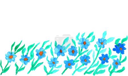 Téléchargez les photos : Une bordure de fleurs bleues aux feuilles vertes. Aquarelle fleurs fond design - en image libre de droit