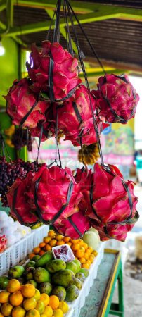 Téléchargez les photos : Portrait d'un fruit tropical accroché dans un magasin de fruits, ce fruit est appelé "fruit du dragon", un nom unique - en image libre de droit