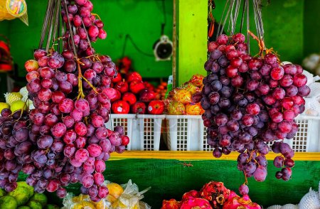 Téléchargez les photos : Portrait de plusieurs grappes de raisins suspendues dans la boutique de fruits, il y a aussi d'autres fruits que l'on peut voir derrière - en image libre de droit