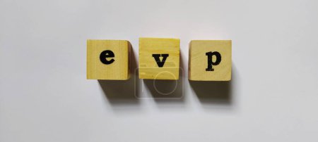 EVP employee value proposition, conceptual business illustration with wooden cubes isolated on white background.
