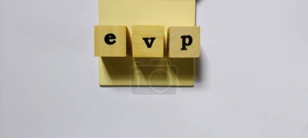 EVP employee value proposition, conceptual business illustration with wooden cubes isolated on white background.