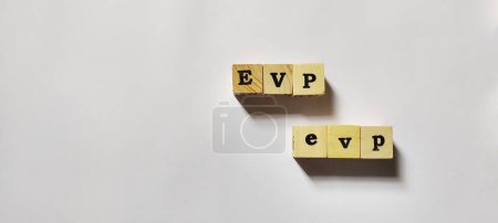 Foto de EVP employee value proposition, conceptual business illustration with wooden blocks isolated on a white background. - Imagen libre de derechos