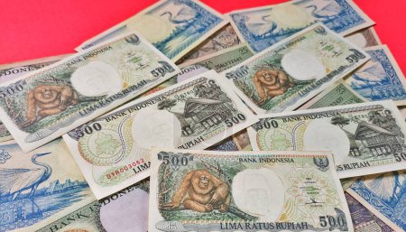 Téléchargez les photos : Portrait de vieux fonds d'argent rupiah. Vieux concept de rupiah, vue en angle élevé isolé sur fond rouge. - en image libre de droit