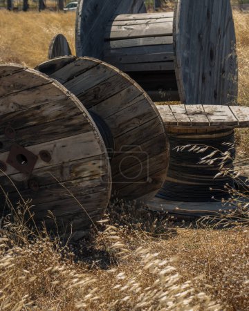 Abandoned wooden empty cable reels