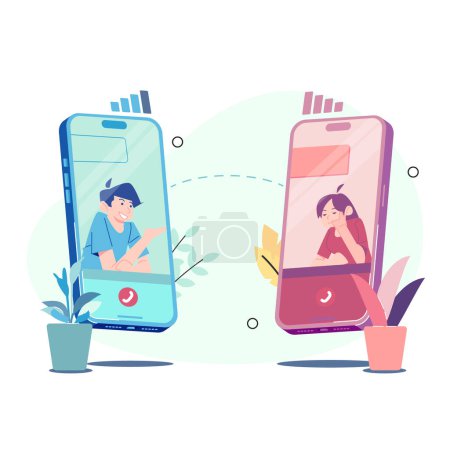 Illustration for Couples in a long distance relationship. Long distance relationship. is making a video call of 2 people. Vector Illustration - Royalty Free Image