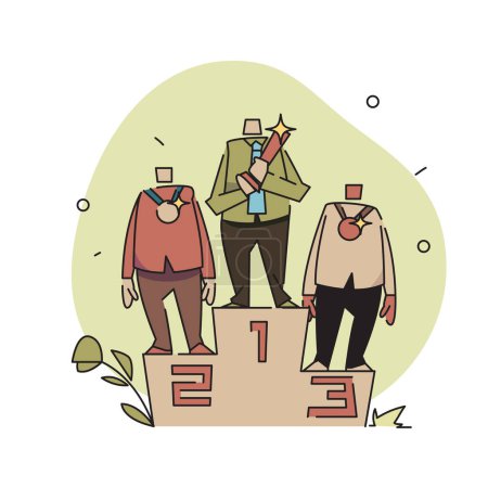 Téléchargez les illustrations : A flat vector illustration of three characters standing on a podium, each with a medal and cup. The characters are depicted in a modern, minimalist style with clean lines and geometric shapes. - en licence libre de droit