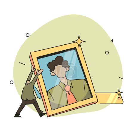 Téléchargez les illustrations : A flat vector illustration of a character carrying a large photo of the Employee of the Month, with a confident and proud expression on their face. The character and the photo are depicted in a modern style with bold lines and bright colors. - en licence libre de droit