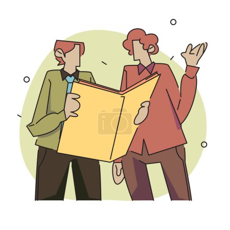 Téléchargez les illustrations : A flat vector illustration of two characters discussing and exchanging ideas while holding documents, with a thought bubble showing the exchange of ideas. The characters are depicted in a modern style with bold lines and bright colors. - en licence libre de droit